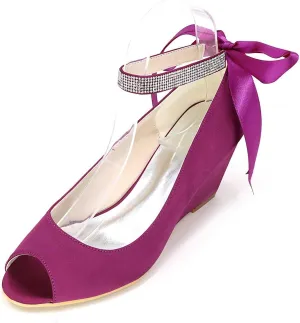 TarfiC Wedding Shoes for Bride Open Toe Bridal Shoes Wedge Rhinestone Pumps Mary Jane Satin Wedding Shoes