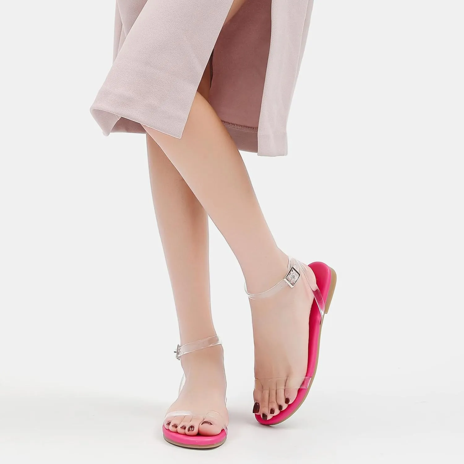 Tilocow Clear Sandals for Women Ankle Strap Open Toe Flat Sandals Daily Work Casual Summer Shoes