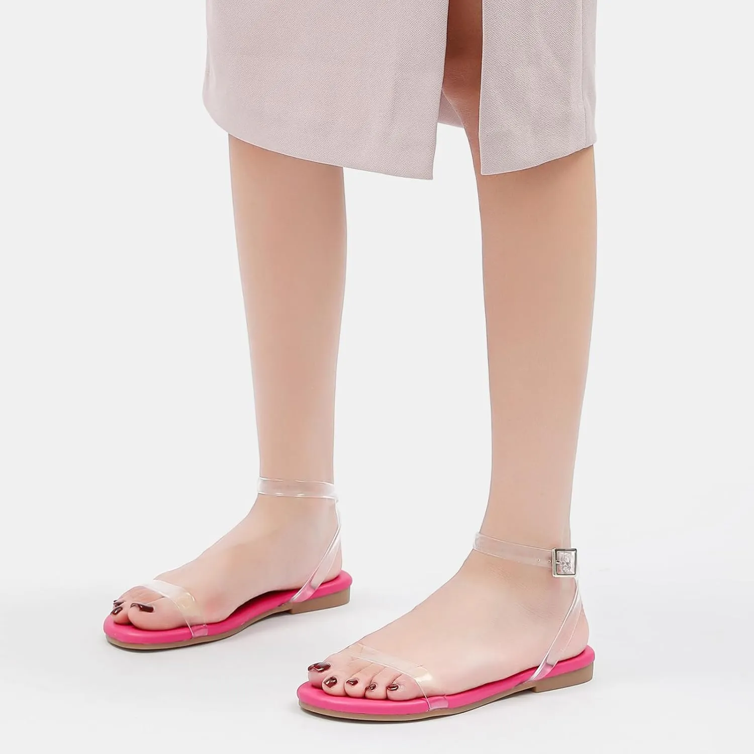 Tilocow Clear Sandals for Women Ankle Strap Open Toe Flat Sandals Daily Work Casual Summer Shoes