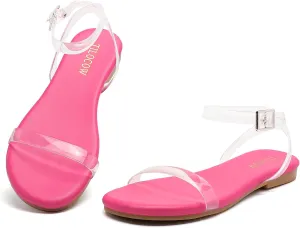 Tilocow Clear Sandals for Women Ankle Strap Open Toe Flat Sandals Daily Work Casual Summer Shoes