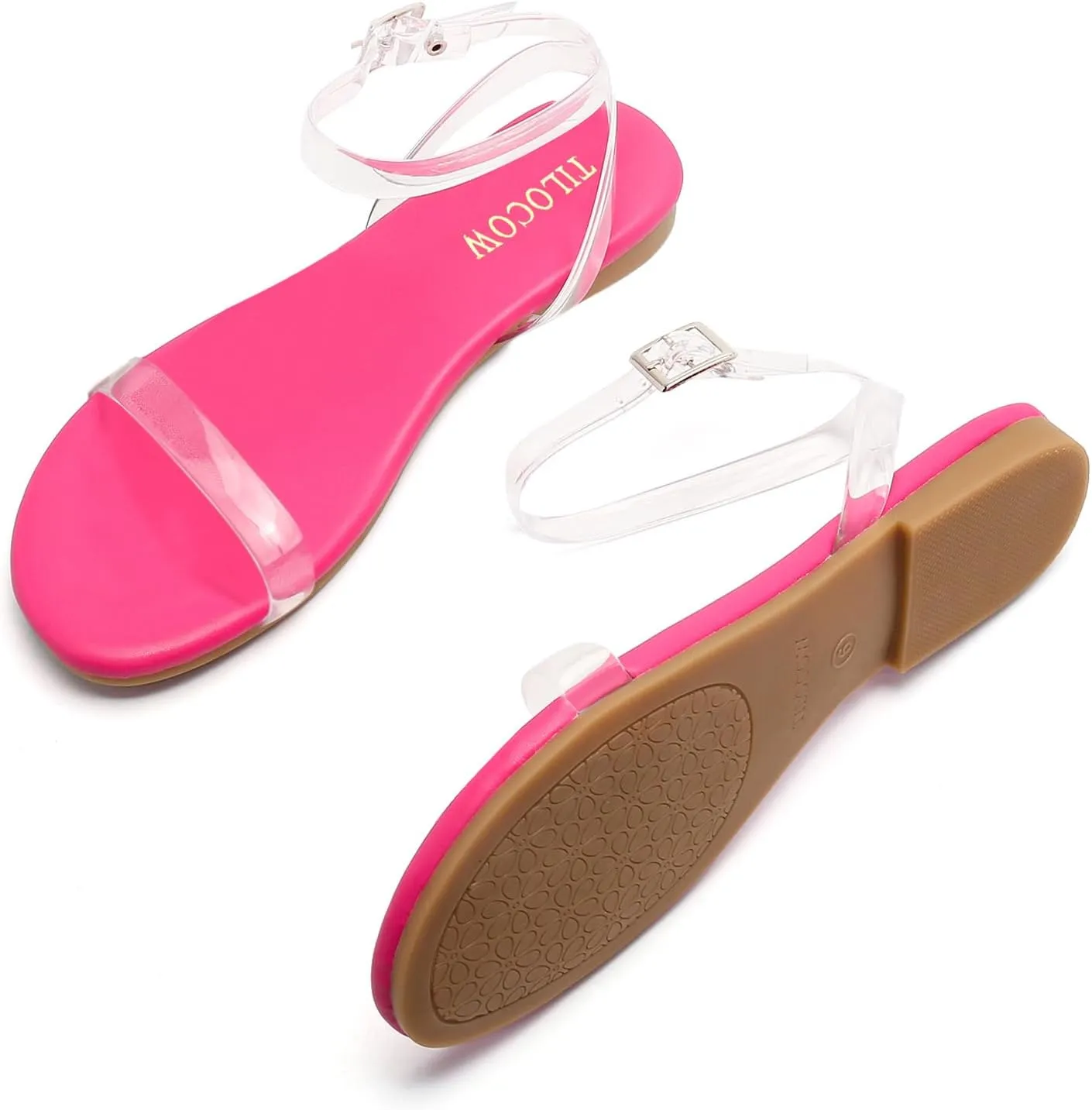 Tilocow Clear Sandals for Women Ankle Strap Open Toe Flat Sandals Daily Work Casual Summer Shoes