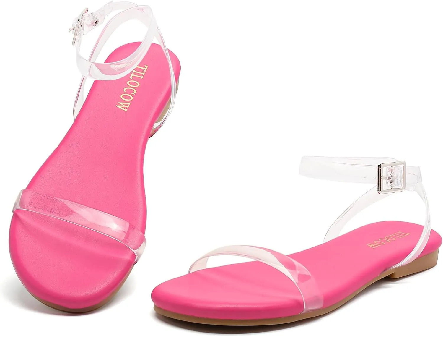 Tilocow Clear Sandals for Women Ankle Strap Open Toe Flat Sandals Daily Work Casual Summer Shoes