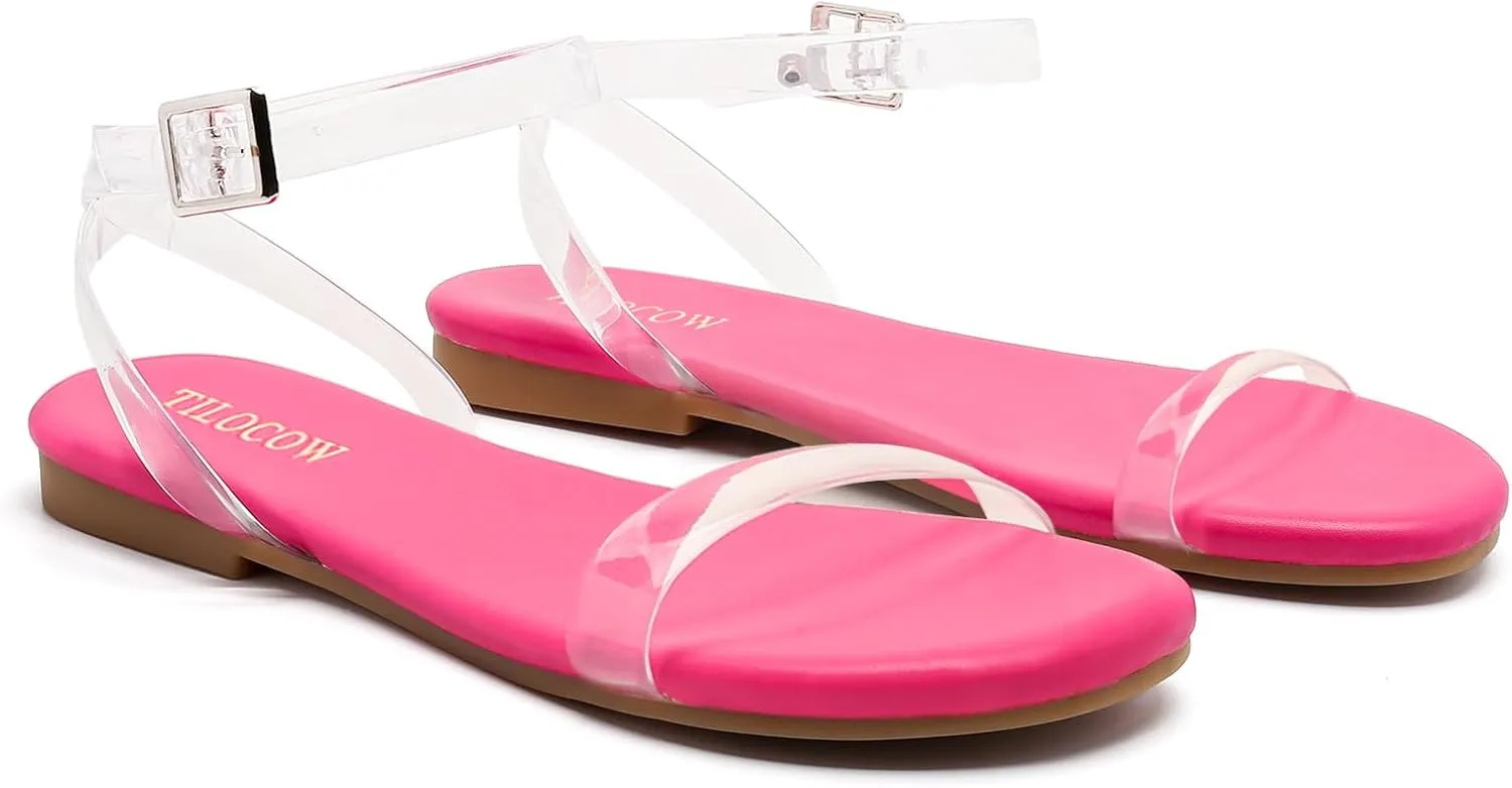 Tilocow Clear Sandals for Women Ankle Strap Open Toe Flat Sandals Daily Work Casual Summer Shoes