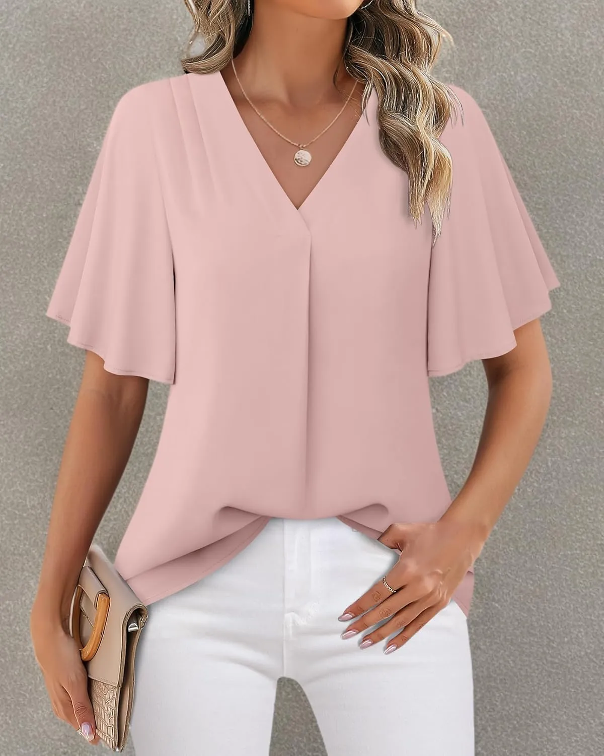 Timeson Women's V Neck Chiffon Blouse Ruffle Sleeve Ladies Work Shirts