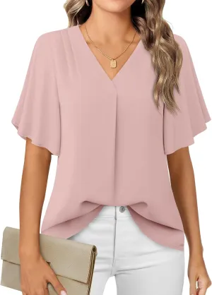 Timeson Women's V Neck Chiffon Blouse Ruffle Sleeve Ladies Work Shirts