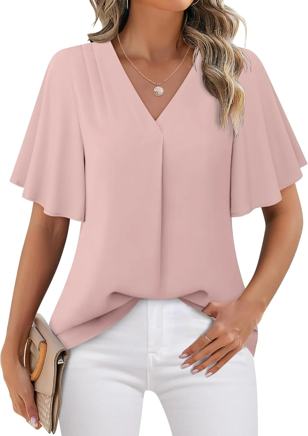 Timeson Women's V Neck Chiffon Blouse Ruffle Sleeve Ladies Work Shirts