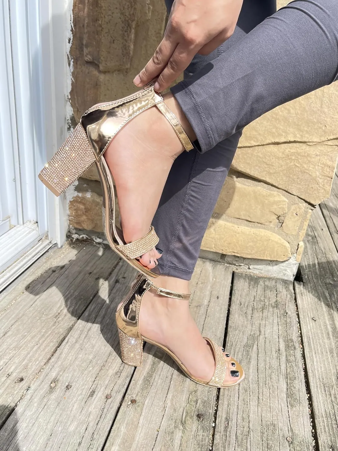 TOP Moda Women's Chunky Heel Ankle Strap Sandals-Rhinestone Block Heel Sandal