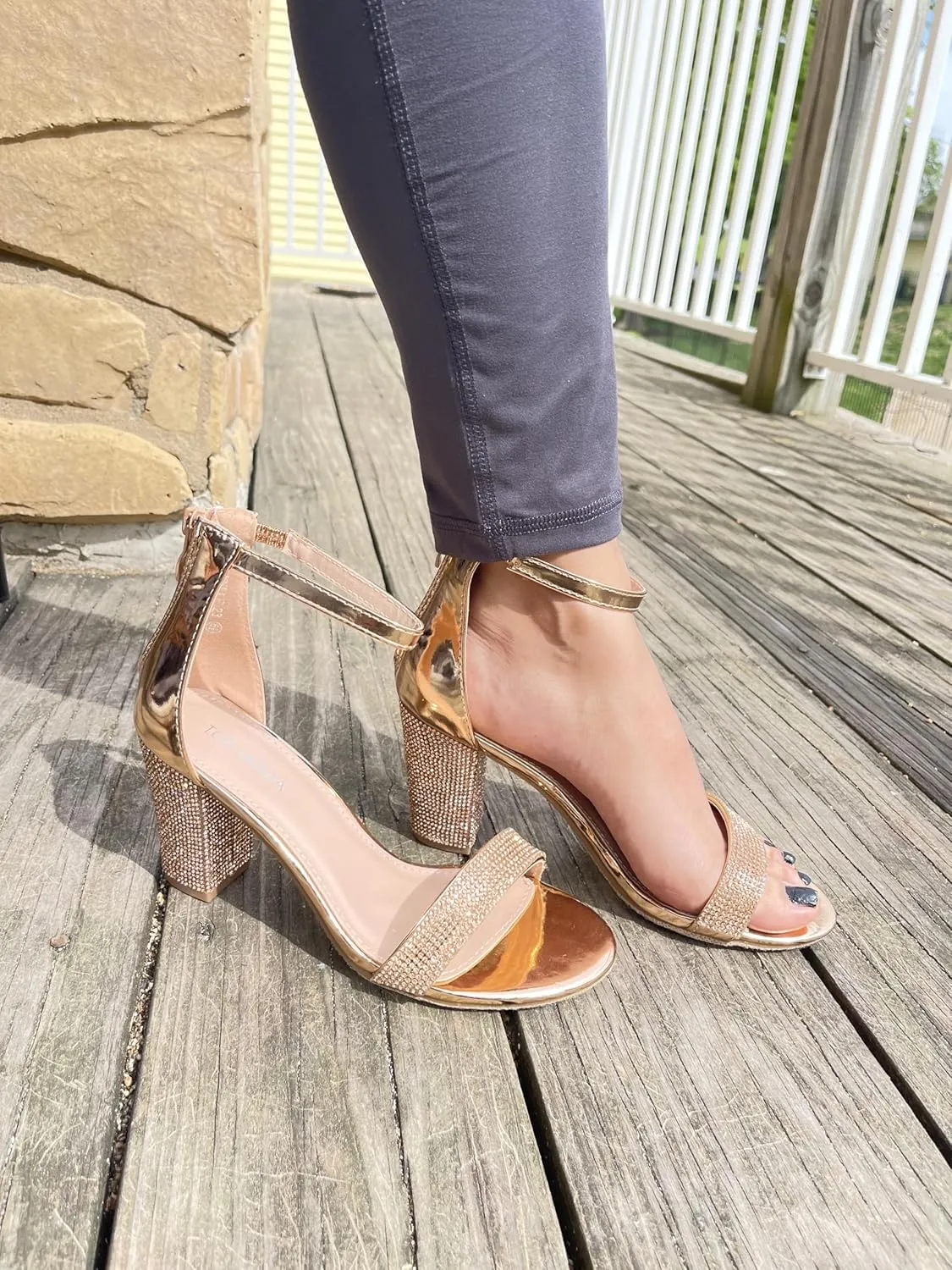 TOP Moda Women's Chunky Heel Ankle Strap Sandals-Rhinestone Block Heel Sandal