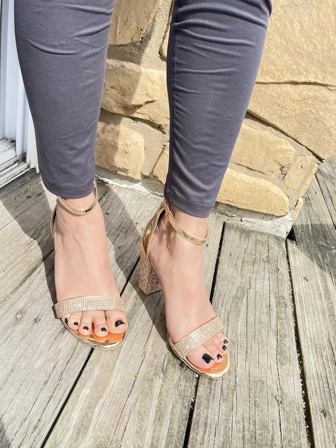 TOP Moda Women's Chunky Heel Ankle Strap Sandals-Rhinestone Block Heel Sandal