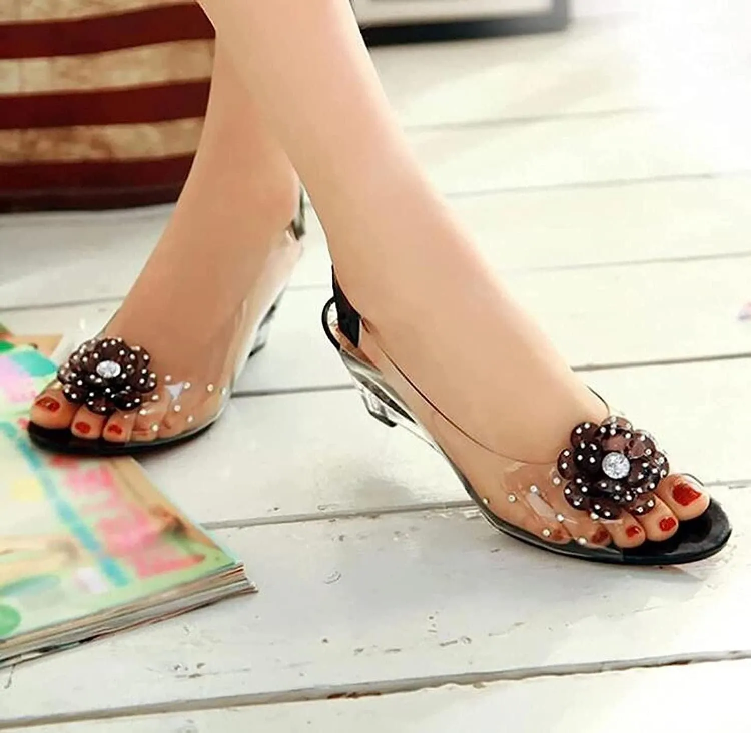 Tophacker Women's Clear Sandals See-Through Rhinestone Wedge Heel Sandals Studded Flower Design Transparent Sandals Lady's Casual Shoes Open Peep Toe Bohemia Dress Shoes