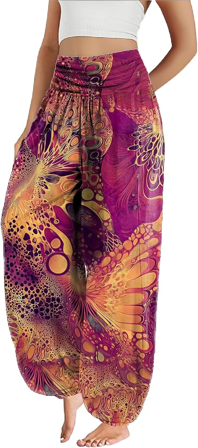 Trendy Boho Harem Pants Women Casual High Smocked Waist Yoga Pants Plus Size Loose Daily Lightweight Joggers