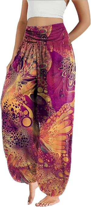 Trendy Boho Harem Pants Women Casual High Smocked Waist Yoga Pants Plus Size Loose Daily Lightweight Joggers