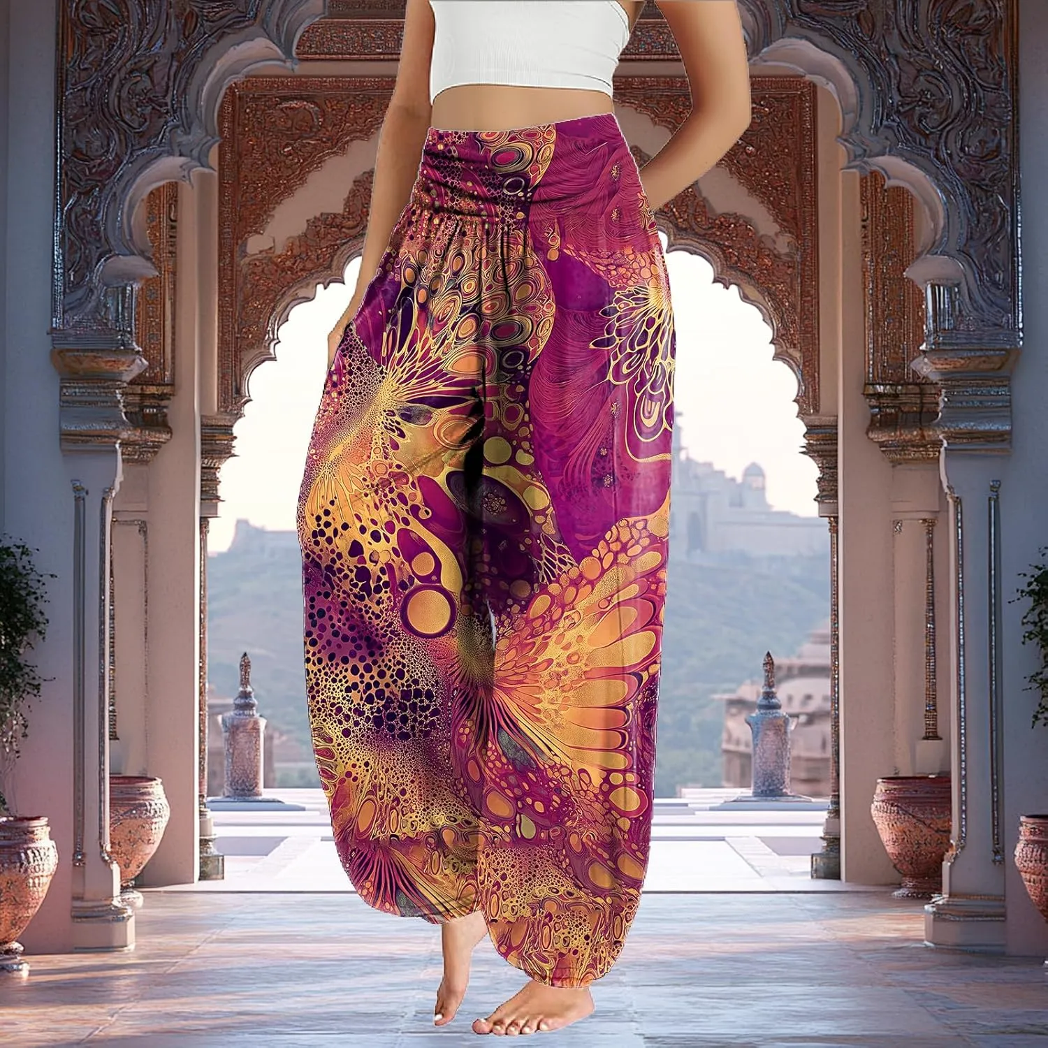 Trendy Boho Harem Pants Women Casual High Smocked Waist Yoga Pants Plus Size Loose Daily Lightweight Joggers
