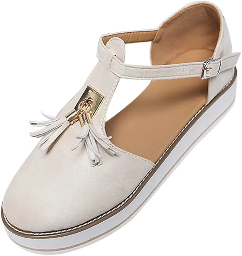 Trendy Platform Sandals with Tassels Casual Closed-Toes Ankle Strap Sandal Walking Shoes Comfortable Summer Look