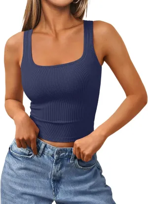 Trendy Queen Women's Summer Square Neck Tank Tops Workout Cropped Ribbed Summer Camisole Sleeveless Clothes 2025
