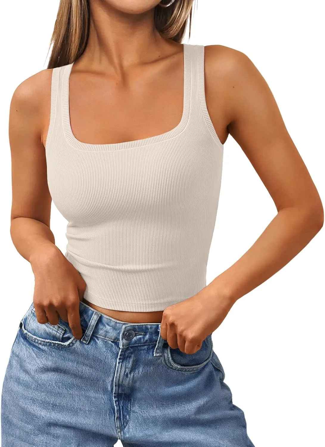 Trendy Queen Women's Summer Square Neck Tank Tops Workout Cropped Ribbed Summer Camisole Sleeveless Clothes 2025