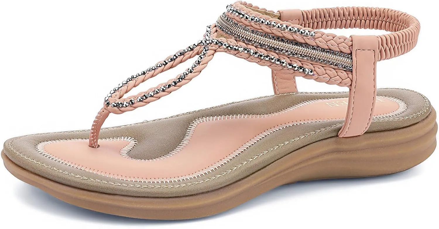 UBFEN Womens Bohemian Flat Sandals With Back Strap Summer Beach Comfortable Bling