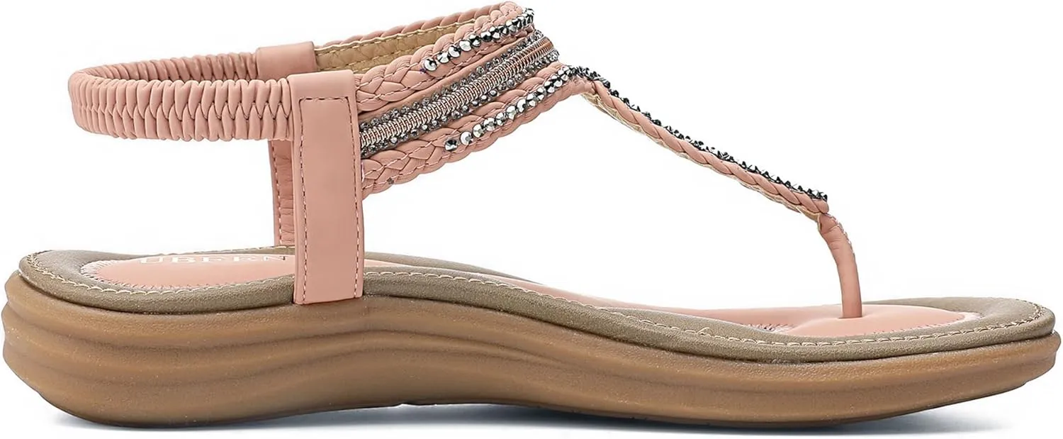UBFEN Womens Bohemian Flat Sandals With Back Strap Summer Beach Comfortable Bling