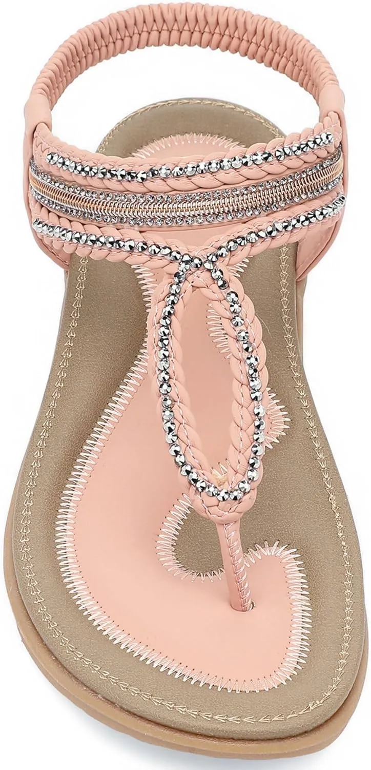 UBFEN Womens Bohemian Flat Sandals With Back Strap Summer Beach Comfortable Bling