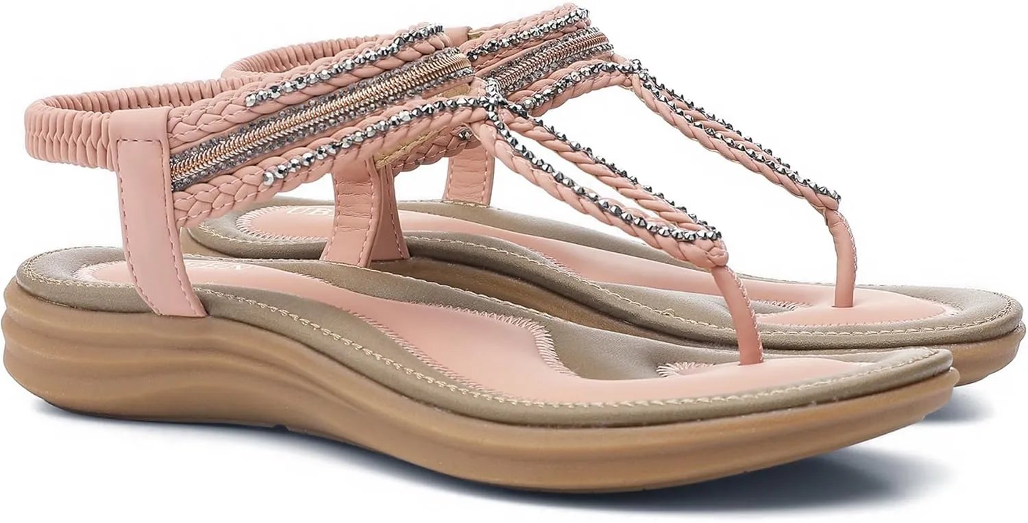 UBFEN Womens Bohemian Flat Sandals With Back Strap Summer Beach Comfortable Bling