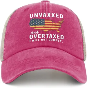 Unvaxxxed and Overtaxed I Will Not Comply Hat for Mens Retro Trucker Hat Womens AllBlack Cycling Cap Humor Unique