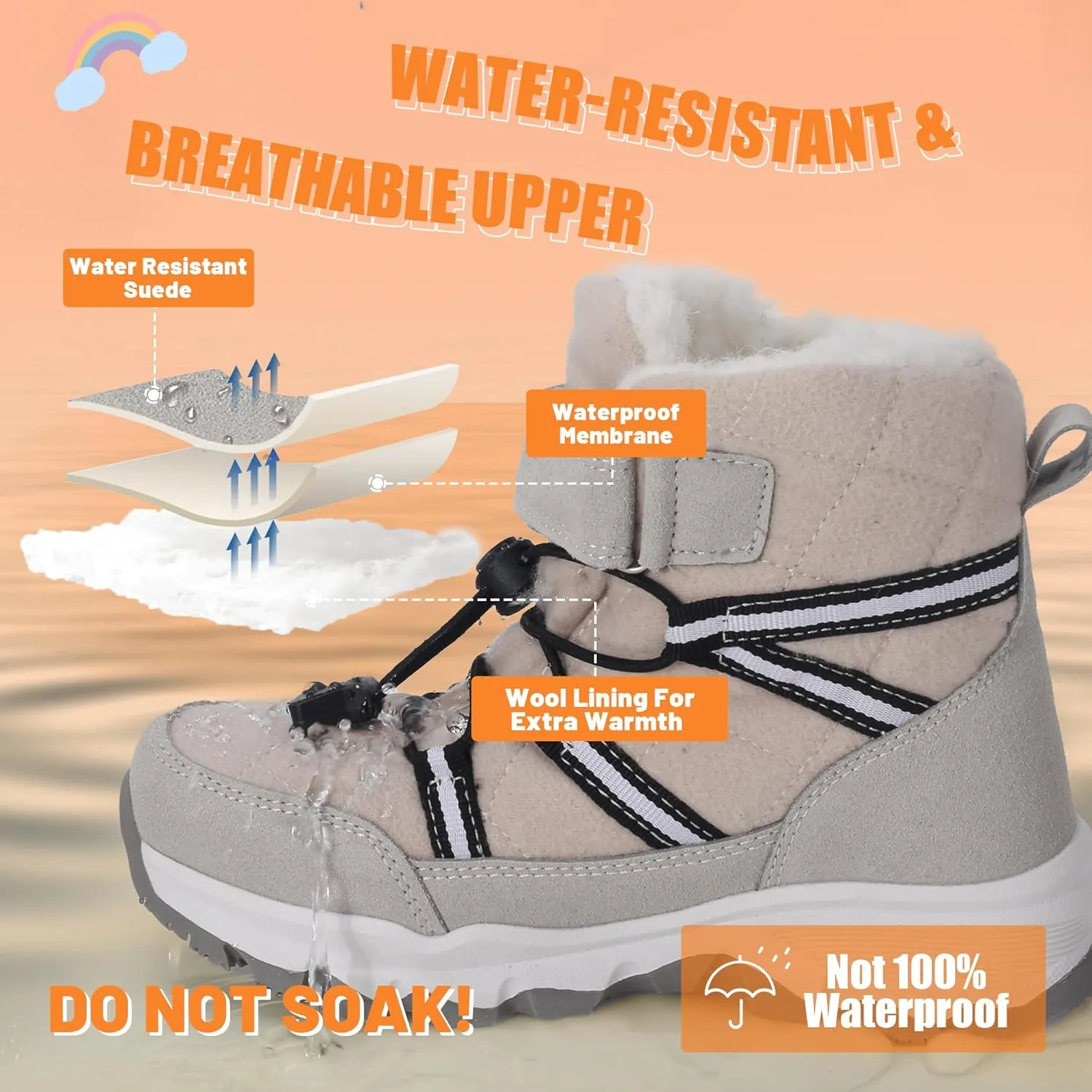 visionreast Boys Girls Wool Lining Snow Boots Winter Walking Boots for Kids Non Slip Unisex-Child Cold Weather Shoes Outdoor Boots