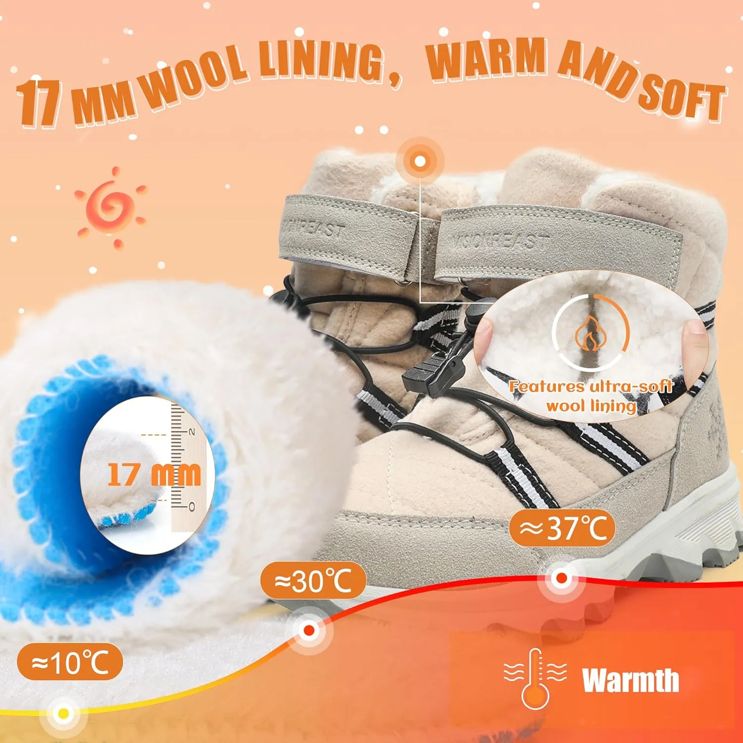 visionreast Boys Girls Wool Lining Snow Boots Winter Walking Boots for Kids Non Slip Unisex-Child Cold Weather Shoes Outdoor Boots