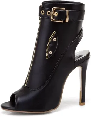 VOKLIN Women's Fashion Peep Toe Stiletto High Heel Sandals Buckle Zipper Party Pump Dress Heeled Sandal Booties