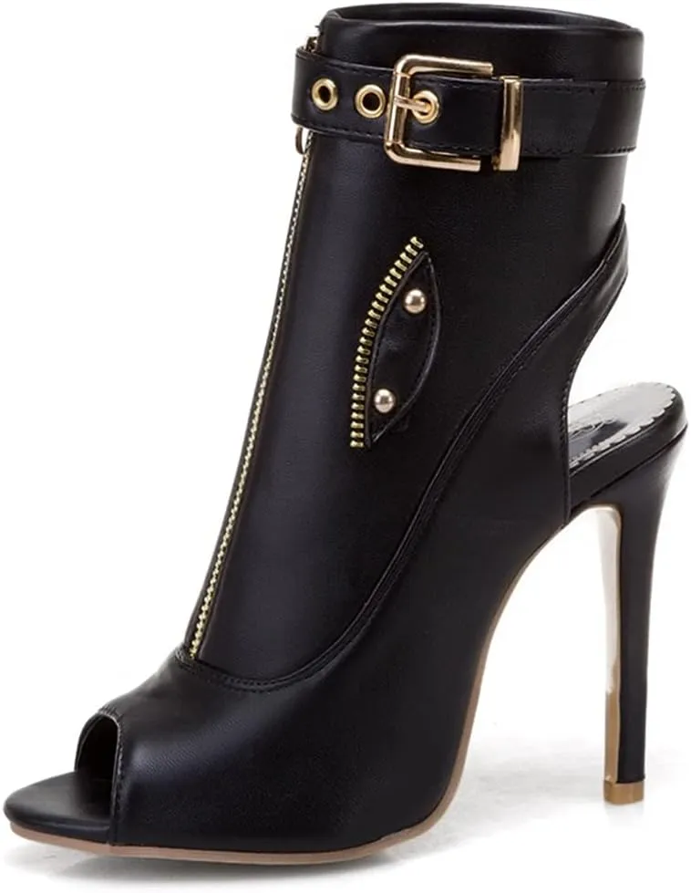 VOKLIN Women's Fashion Peep Toe Stiletto High Heel Sandals Buckle Zipper Party Pump Dress Heeled Sandal Booties