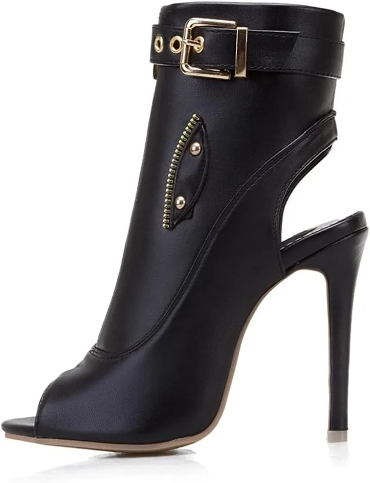 VOKLIN Women's Fashion Peep Toe Stiletto High Heel Sandals Buckle Zipper Party Pump Dress Heeled Sandal Booties