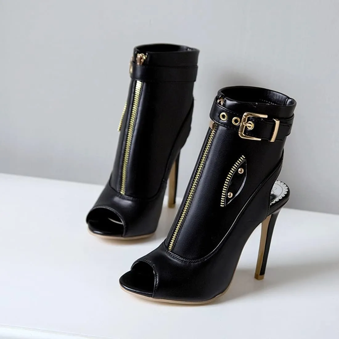 VOKLIN Women's Fashion Peep Toe Stiletto High Heel Sandals Buckle Zipper Party Pump Dress Heeled Sandal Booties