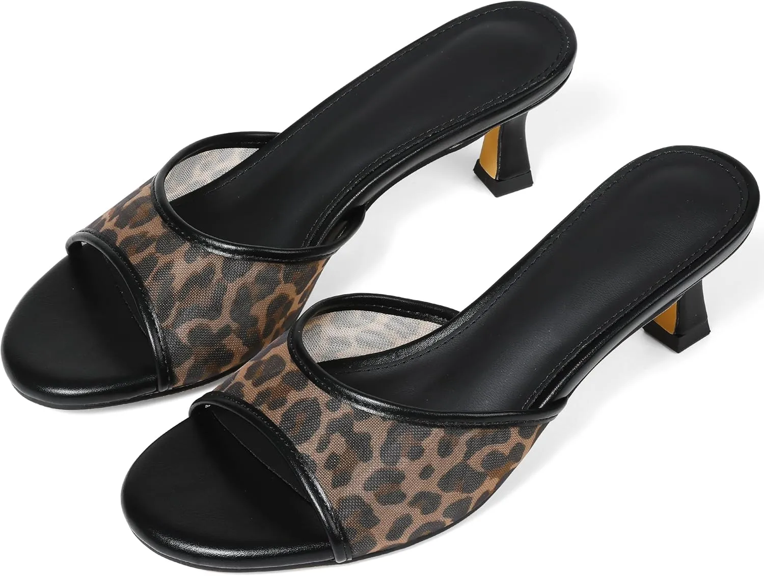 VOMIRA Heeled Sandals for Women Round Open Toe Slip On Kitten Heels Slides Sandals Leopard Mesh Black Heels Summer Party Dressy Heels Stiletto Slingback Heels