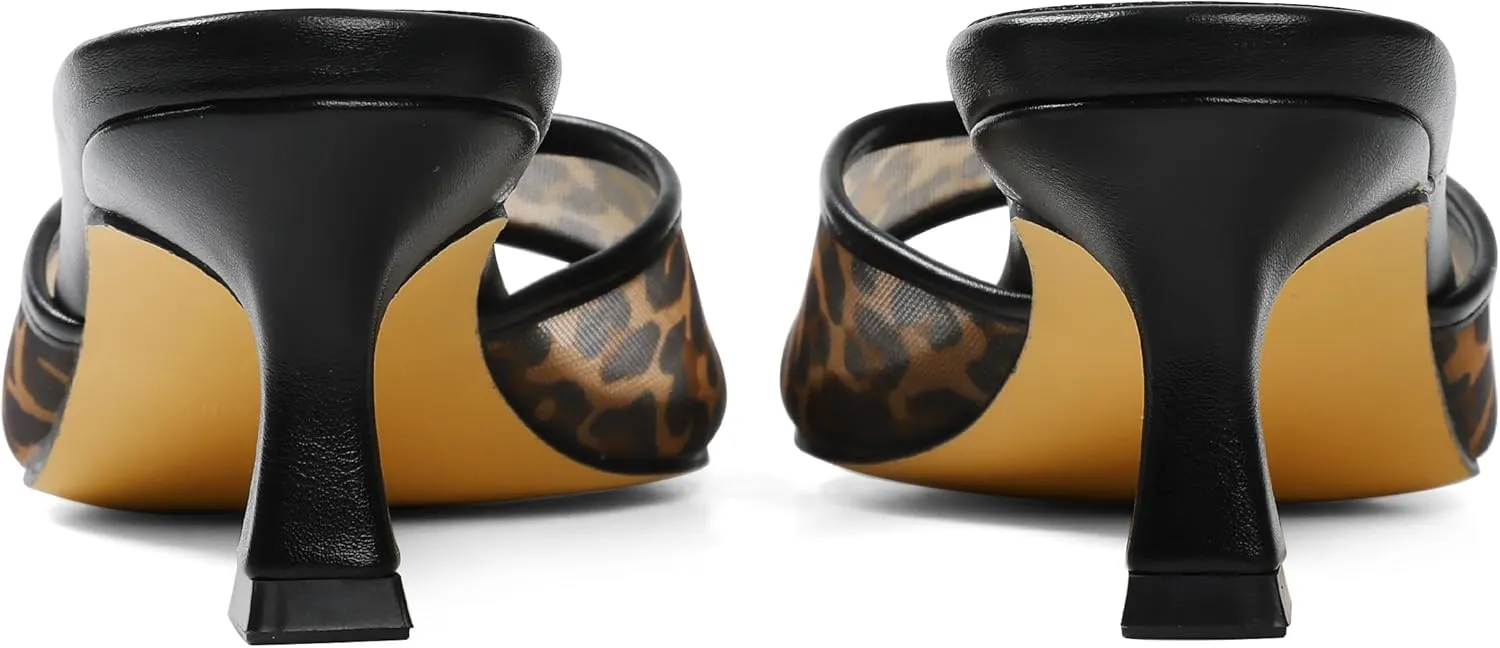 VOMIRA Heeled Sandals for Women Round Open Toe Slip On Kitten Heels Slides Sandals Leopard Mesh Black Heels Summer Party Dressy Heels Stiletto Slingback Heels