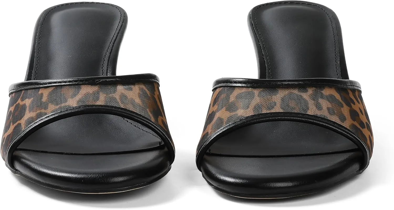 VOMIRA Heeled Sandals for Women Round Open Toe Slip On Kitten Heels Slides Sandals Leopard Mesh Black Heels Summer Party Dressy Heels Stiletto Slingback Heels