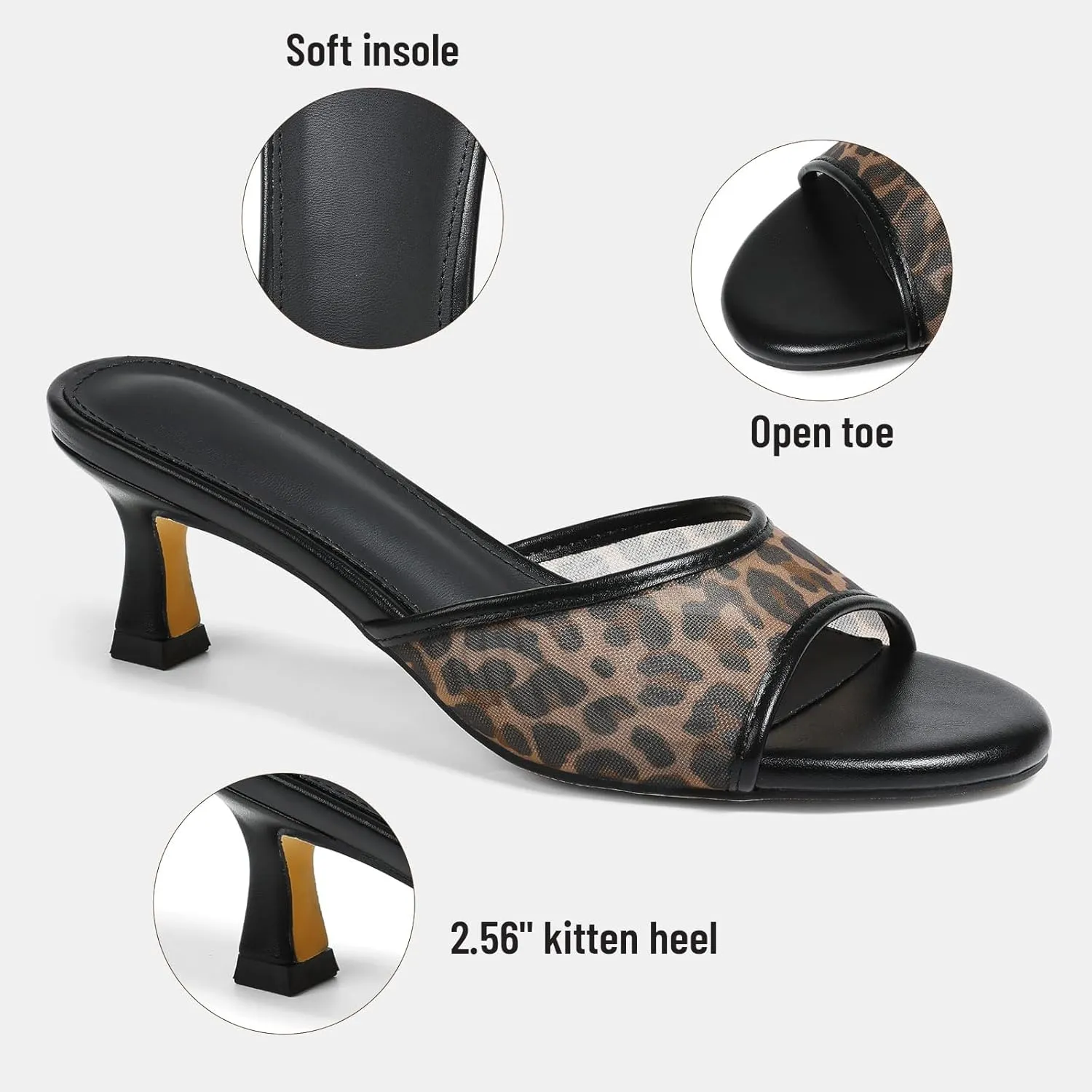 VOMIRA Heeled Sandals for Women Round Open Toe Slip On Kitten Heels Slides Sandals Leopard Mesh Black Heels Summer Party Dressy Heels Stiletto Slingback Heels