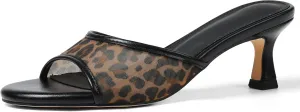 VOMIRA Heeled Sandals for Women Round Open Toe Slip On Kitten Heels Slides Sandals Leopard Mesh Black Heels Summer Party Dressy Heels Stiletto Slingback Heels