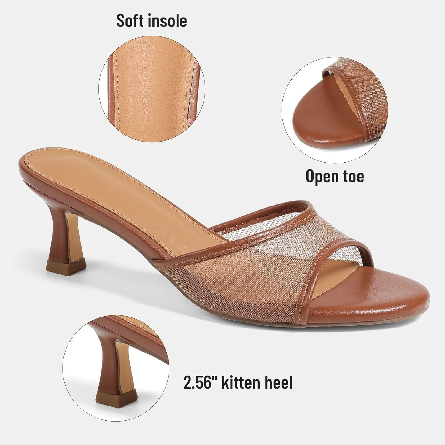 VOMIRA Heeled Sandals for Women Round Open Toe Slip On Kitten Heels Slides Sandals Leopard Mesh Black Heels Summer Party Dressy Heels Stiletto Slingback Heels