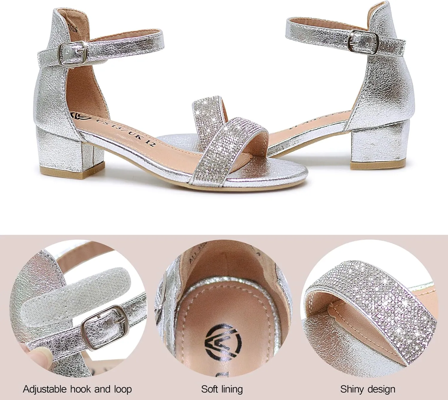 Vonair Girls Sandals Low Heels Ankle Strap Open Toe Dress Shoes Flower Girl Party Wedding Shoes for Girls