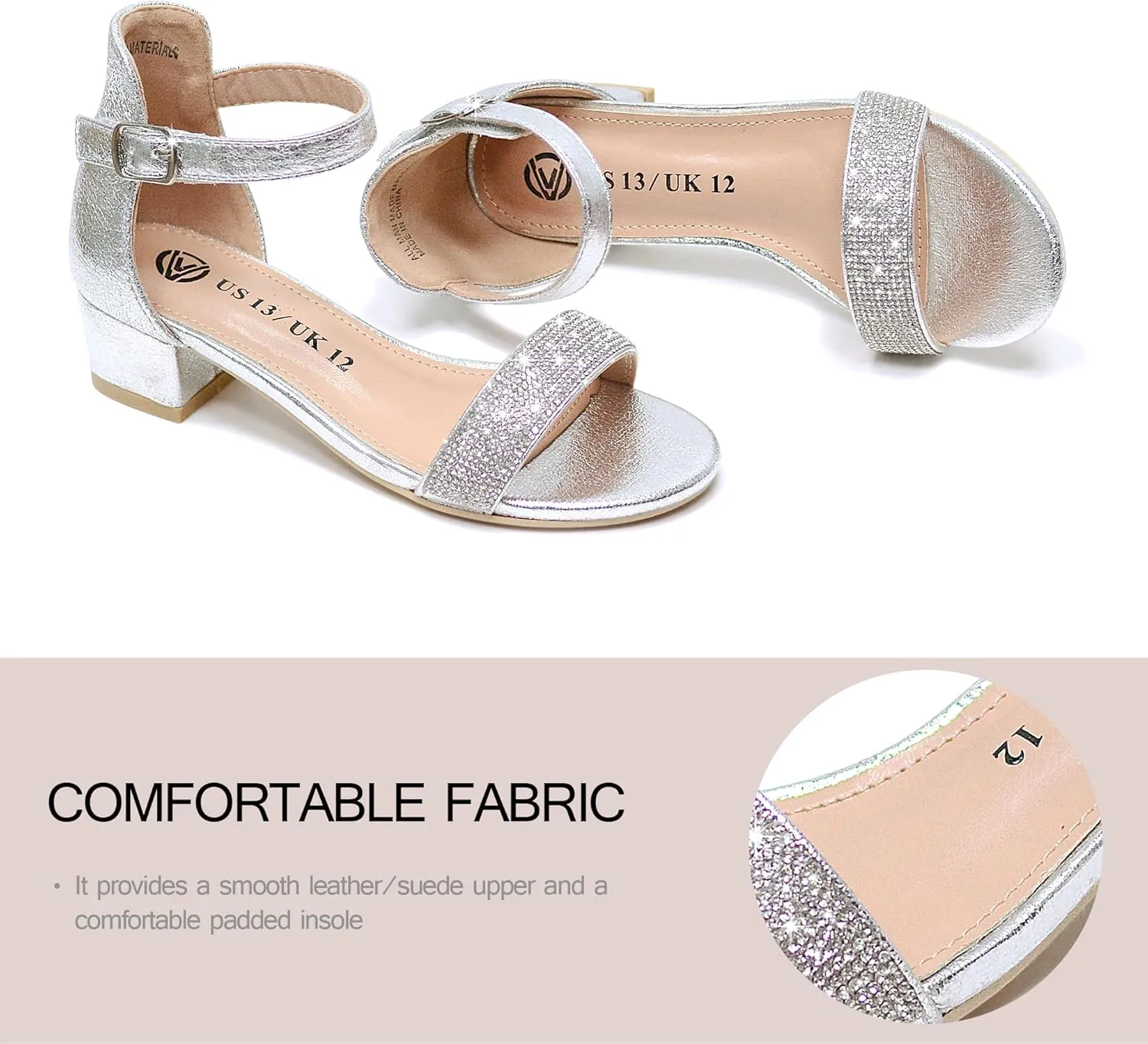 Vonair Girls Sandals Low Heels Ankle Strap Open Toe Dress Shoes Flower Girl Party Wedding Shoes for Girls