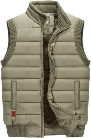 VtuAOL Casual Outdoor Fleece Padded Vest for Men Stand Collar Sleeveless Jackets Khaki Asian 2XL/US L