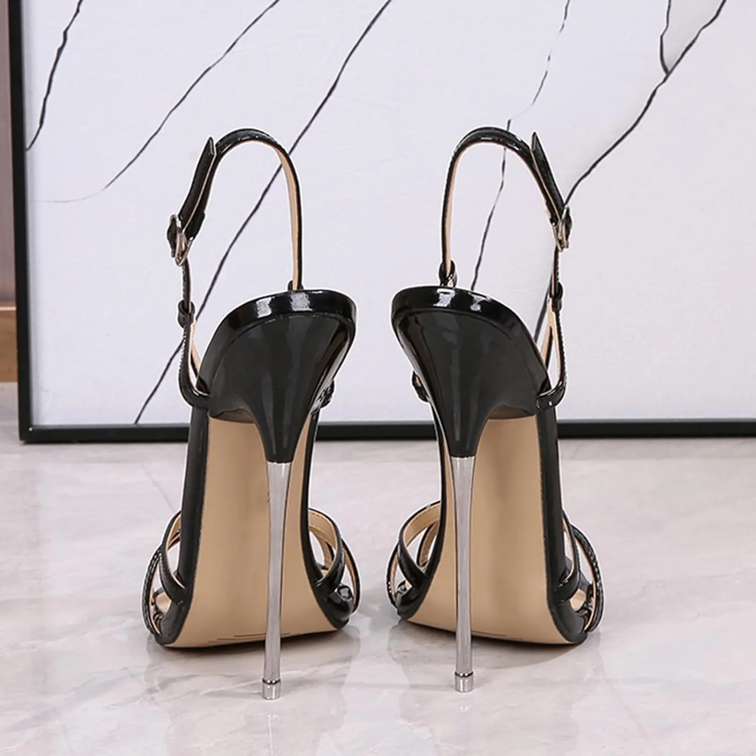 Vujkliy Women's 16CM/6.2IN Metal Stiletto Sandals Fashion Round Toe High Heels Catwalk Fashion Shoes