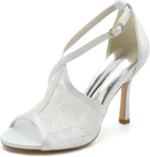 Wedding Shoes for Bride Sandals Heeled Stiletto High Heels with Lace Flower Peep Toe Bridal Shoes Wedding Dress Shoes for Women