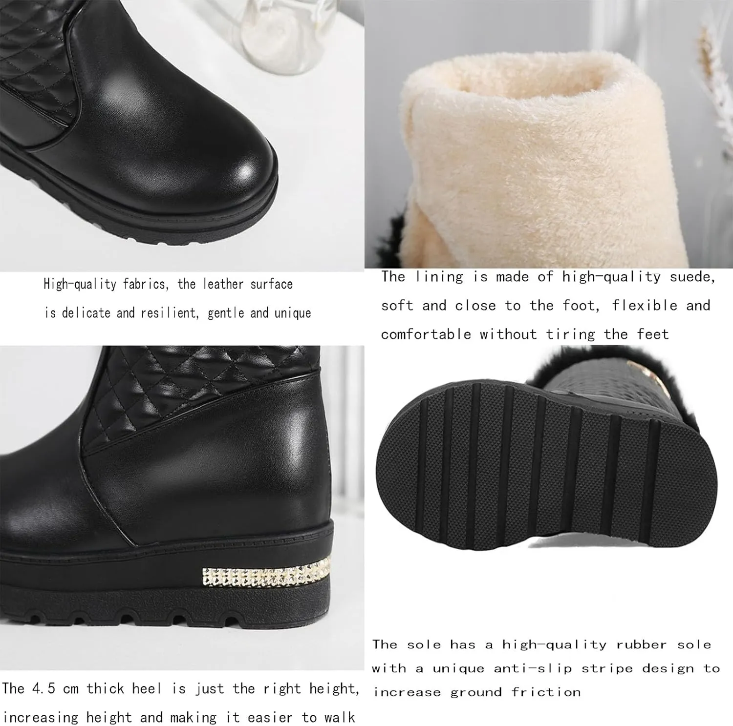 Wedge Heeled Platform Knee High Boots, Round Toe Slip On Mid Calf Boots Fleece Lining Raw Edge Straight Boots V Shaped Cuff Metal Decoration Women's Boots