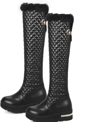 Wedge Heeled Platform Knee High Boots, Round Toe Slip On Mid Calf Boots Fleece Lining Raw Edge Straight Boots V Shaped Cuff Metal Decoration Women's Boots