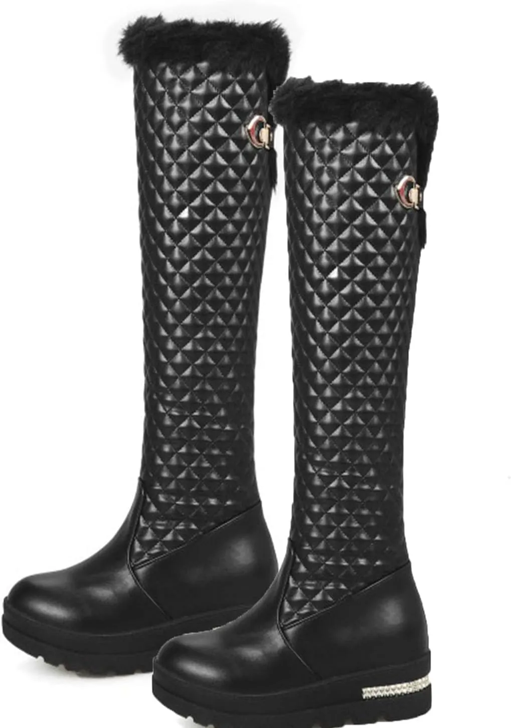 Wedge Heeled Platform Knee High Boots, Round Toe Slip On Mid Calf Boots Fleece Lining Raw Edge Straight Boots V Shaped Cuff Metal Decoration Women's Boots