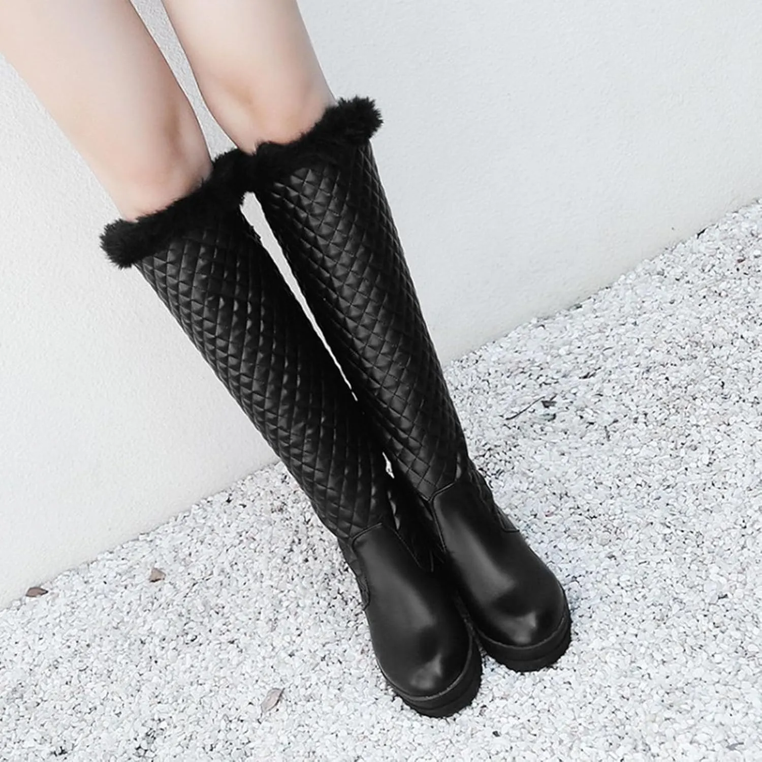 Wedge Heeled Platform Knee High Boots, Round Toe Slip On Mid Calf Boots Fleece Lining Raw Edge Straight Boots V Shaped Cuff Metal Decoration Women's Boots