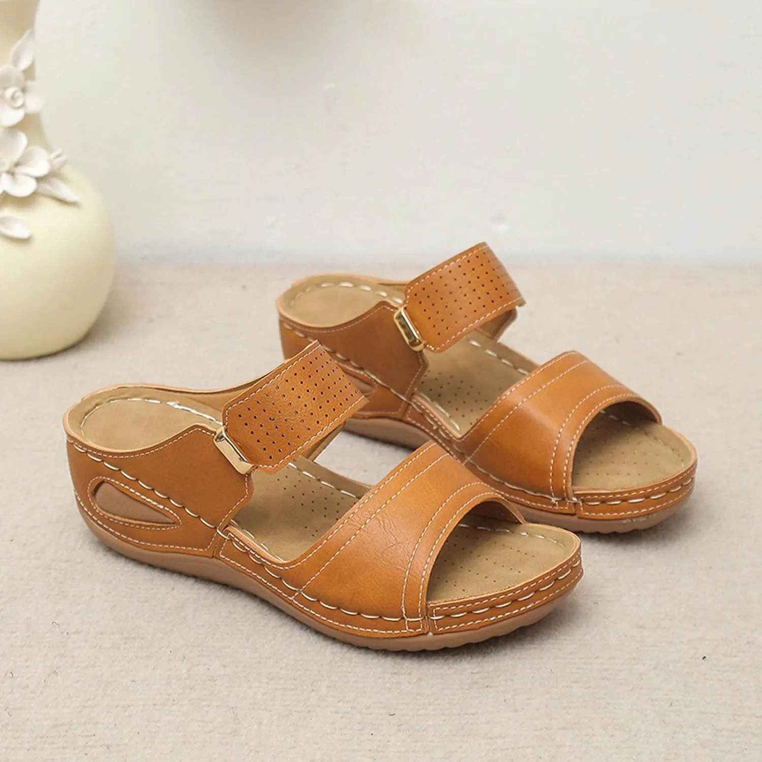 Wedge Sandals for Women Casual Summer Comfortable Fish Mouth Open Toe Double Straps Slip-on Slipper Novelty Trendy Stitched Outdoor Ladies Shoes
