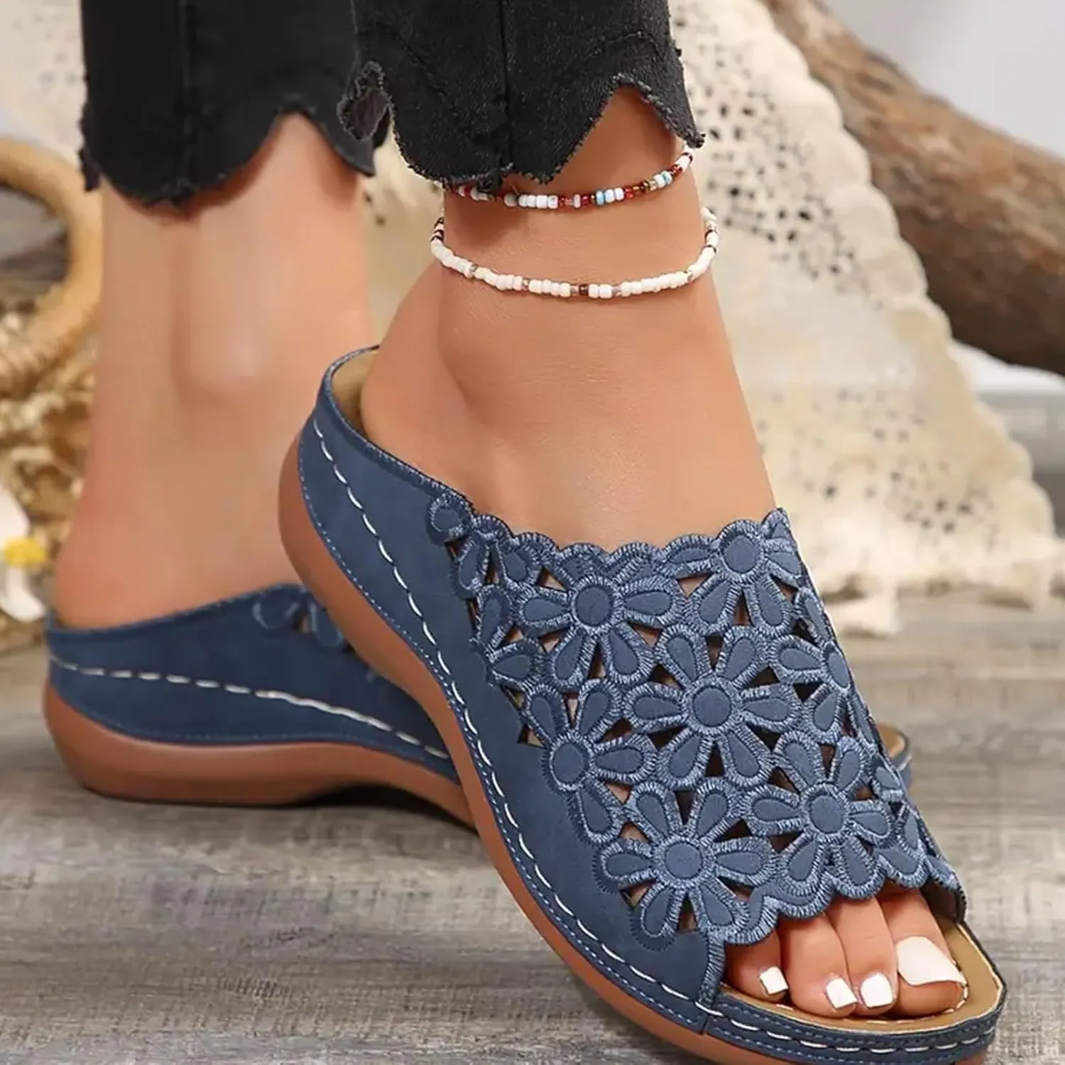 Wedge Sandals for Women Dressy Summer Slip On Open Toe Hollow Out Flowers Orthopedic Slippers Arch Support Orthotic Slides Comfortable Walking Platform Sandals Breathable Trendy Sandal