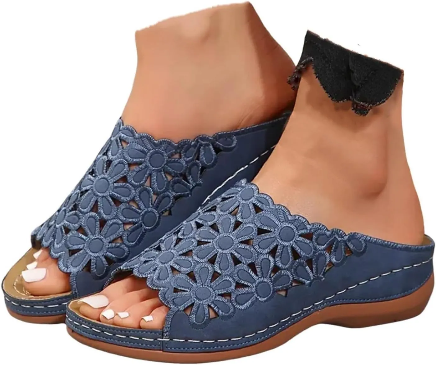 Wedge Sandals for Women Dressy Summer Slip On Open Toe Hollow Out Flowers Orthopedic Slippers Arch Support Orthotic Slides Comfortable Walking Platform Sandals Breathable Trendy Sandal