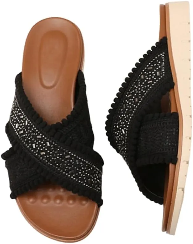 Wedges Sandals Bohemian Embroidered Sandal’s Rhinestone Cross Slide Sandal For Women‘s Summer Dressy